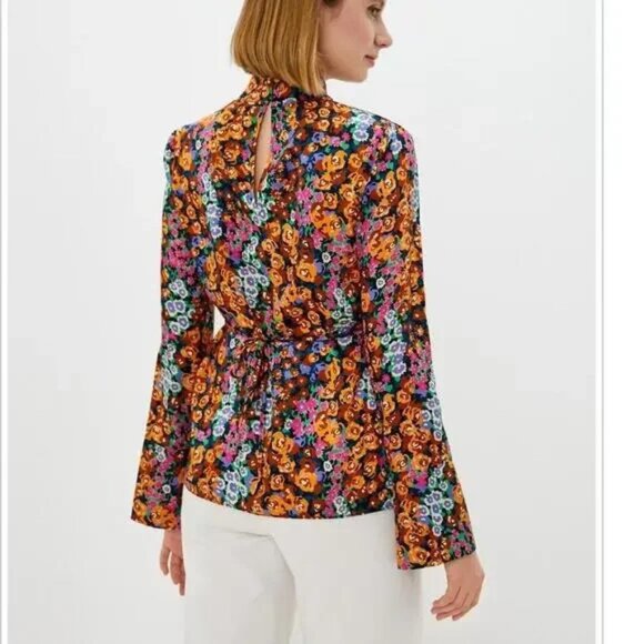 River Island Floral Top NWT S Multicolored Fall Blouse Silk Satin - Picture 2 of 3